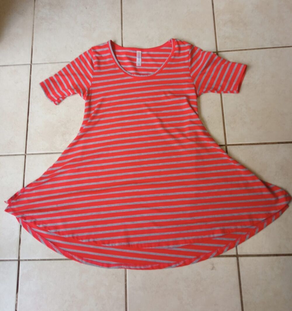Lula Roe Women T-Shirt Red Striped Round Neck Short Sleeve Slit Side Size XXS